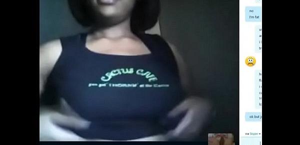  Sexy black girl shows tits and big ass for white dick on Skype